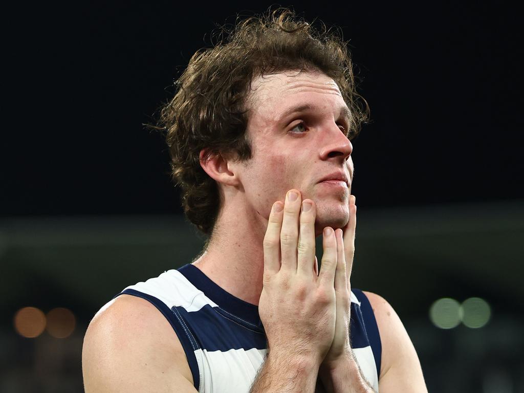 Max Holmes was shattered after the match. Picture: Josh Chadwick/Getty Images