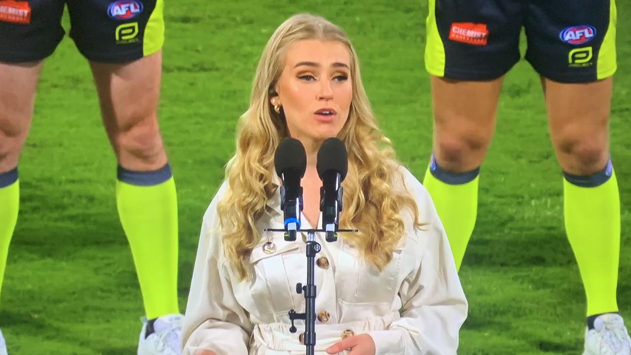 Liliya Butonova singing the national anthem pre-match. Photo: Fox Footy