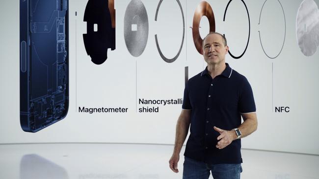 Apple vice president of hardware systems engineering Deniz Teoman speaks about the MagSafe system for iPhone during Apple’s virtual launch at Apple Park in Cupertino. Picture: AFP.