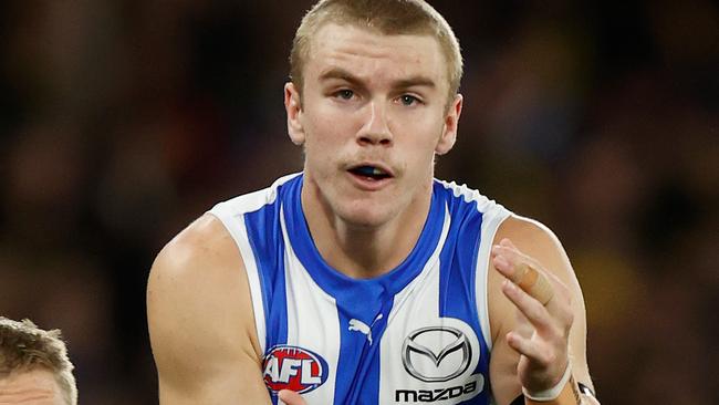 MELBOURNE, AUSTRALIA - JULY 16: Jason Horne-Francis of the Kangaroos marks the ball during the 2022 AFL Round 18 match between the North Melbourne Kangaroos and the Richmond Tigers at Marvel Stadium on July 16, 2022 in Melbourne, Australia. (Photo by Michael Willson/AFL Photos via Getty Images)