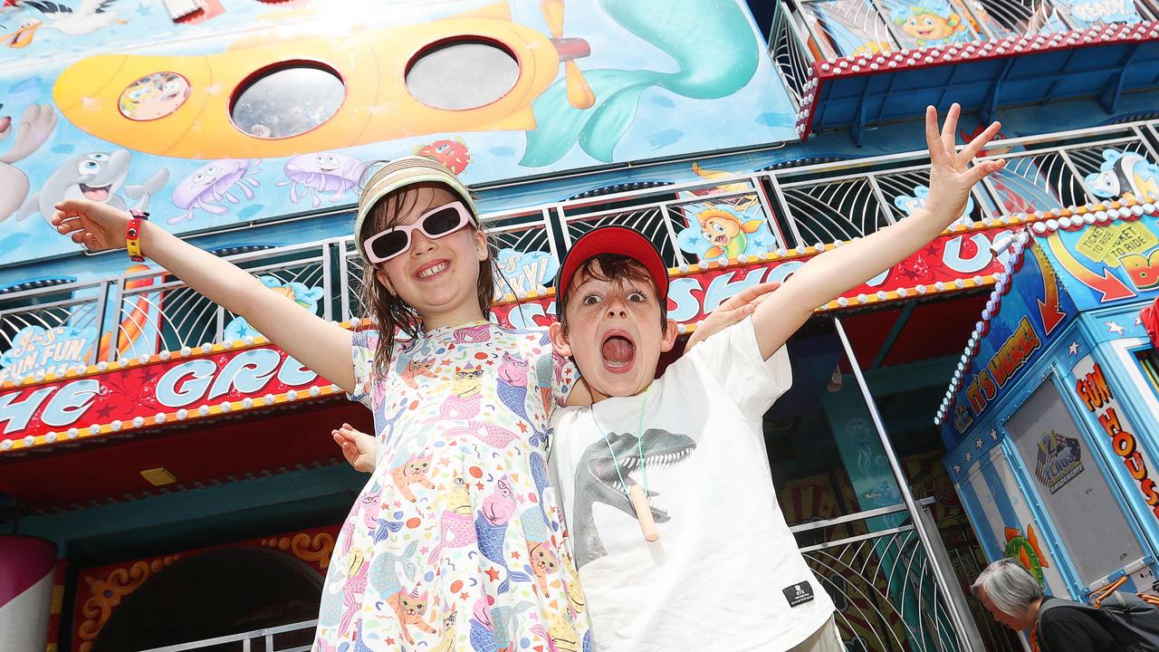 Summer and Ollie Young in front of the Fun House at the Royal Geelong Show on Sunday. Picture: Alan Barber