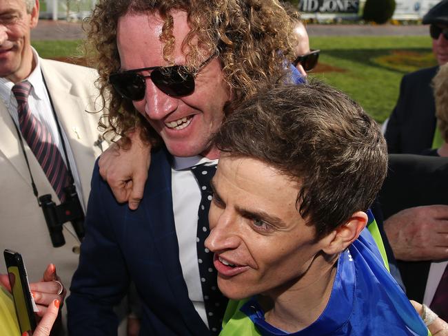 Winning trainer Ciaron Maher with jockey Nicholas Hall. Picture: Colleen Petch