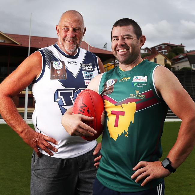 Former Tasmanian AFL players Garry Baker and Ian Callinan who will play in the Relive the Rivalry charity football game. Picture: Nikki Davis-Jones