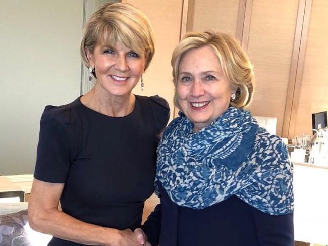 Ms Julie Bishop when she met Hillary Clinton in Sydney. We’ll miss you being front and centre, J-Bish.