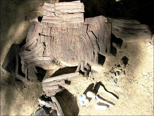 Remarkable remains ... The bundle of neatly arranged bones that is, in fact, a 4000-year-old suit of armour. Source: Siberian Times