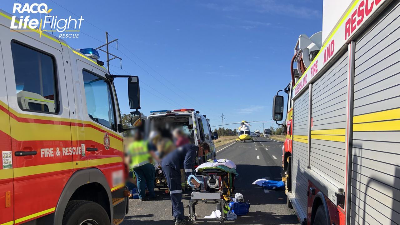 RACQ LifeFlight at the scene of a fatal car versus truck crash in Bowenville on June 17, 2021. Picture: LifeFlight