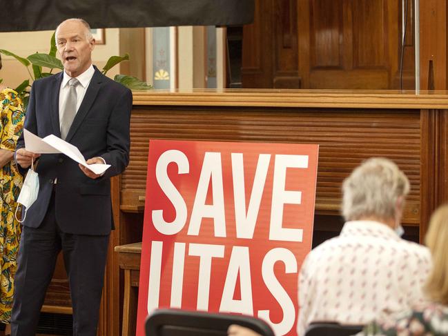 Save UTAS Campus group deputy Mike Foster at Hobart Town Hall in February. Picture: Chris Kidd