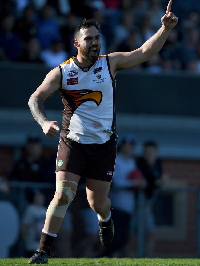 John Bellino celebrates a goal for Craigieburn. Picture: Andy Brownbill