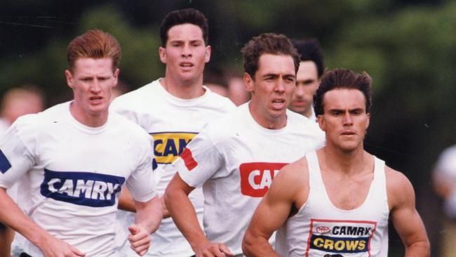 Ben Hart, Chris Groom, Stephen Schwerdt and Matthew Liptak go through their paces in pre-season training at the Crows. Picture: Ray Titus