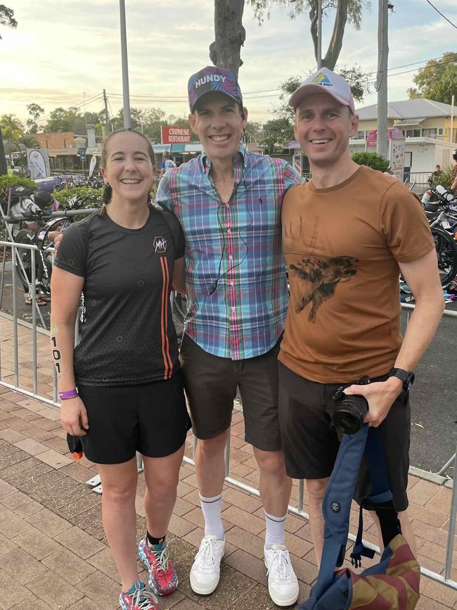 Megan Hendry, Joel Murray and Phil Hungerford at the Hervey Bay 100 Triathlon on Sunday, November 26, 2023.