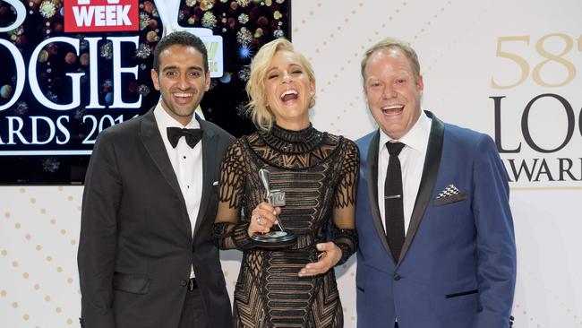 Waleed Aly, Carrie Bickmore and Peter Helliar take home the prize. Picture: Jason Edwards