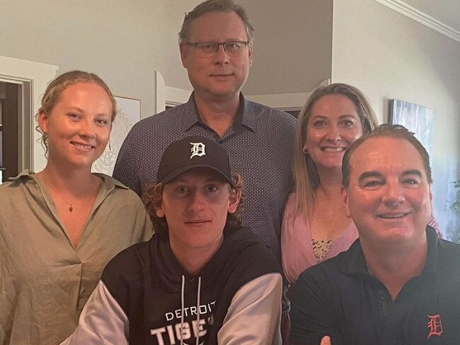 Jack Bushell with his family after signing for the Tigers. Picture: Team Australia Baseball