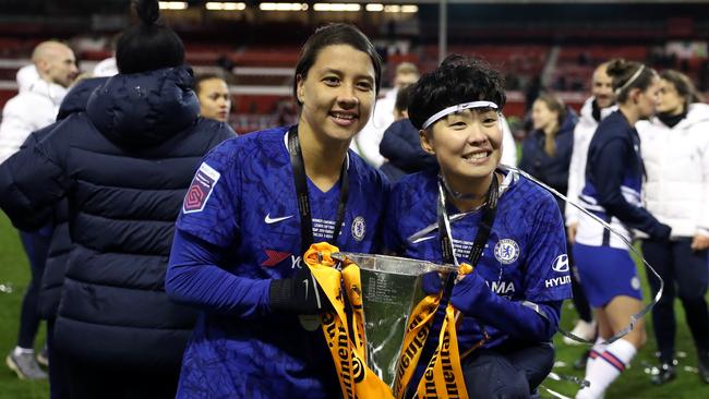 Sam Kerr celebrates winning the FA Women's Continental League Cup final.