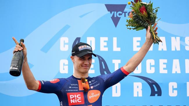 Tobias Lund Andresen of Denmark and Team Picnic PostNL celebrates on the podium after taking out the men’s 2025 Surf Coast Classic. Picture: Dario Belingheri/Getty Images