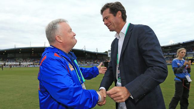 Peter Gordon and Gillon McLachlan in 2018. Picture: Mark Stewart