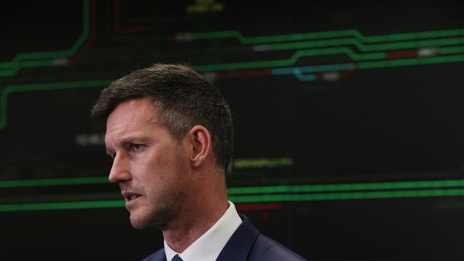 Transport and Main Roads Minister Mark Bailey speaking at a press conference at Queensland Rail in Bowen Hills. Pics Tara Croser.