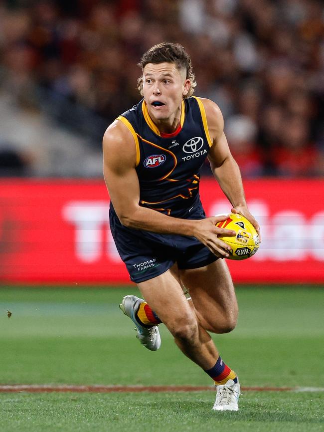 Jake Soligo has been one of the few shining lights for the Adelaide Crows in the forward line this season. Picture: Dylan Burns/AFL Photos via Getty Images.