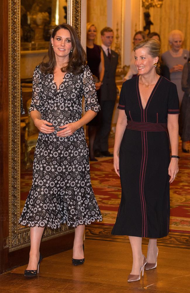 Catherine, Duchess of Cambridge and Sophie, The Countess of Wessex attend The Commonwealth Fashion Exchange Reception at Buckingham Palace. Picture: Dominic Lipinski — Pool/Getty Images