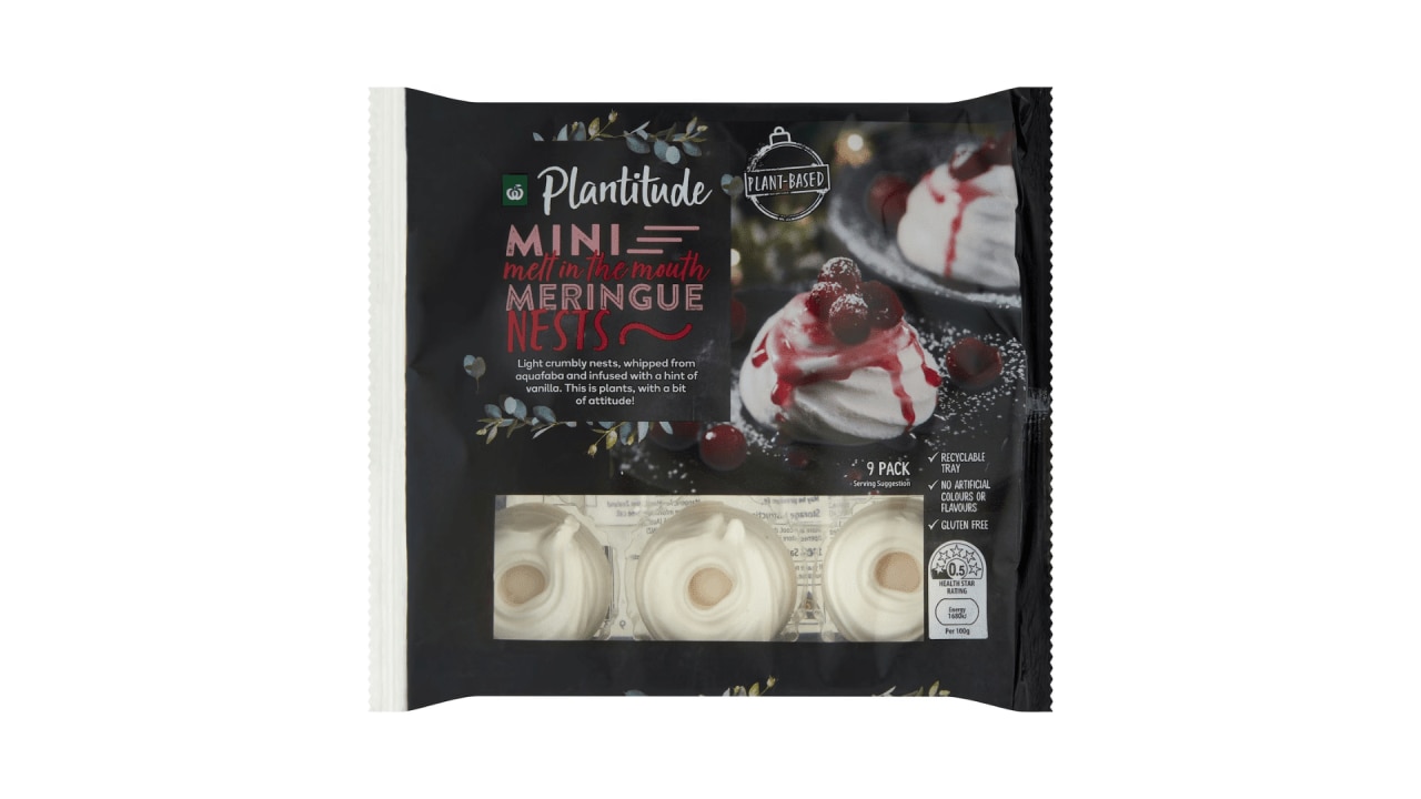 <h2><a href="https://www.woolworths.com.au/shop/productdetails/97499/woolworths-plantitude-mini-meringue-nests" target="_blank" rel="noopener">Woolworths Plantitude Mini Meringue Nests, $8 from woolworths.com.au</a></h2><p>These meringues are not only suitable for vegans, but with just 20 calories per meringue, it means you can create a low-calorie pavlova-like dessert even when you prefer your diet plant-based.</p><p class="button-common"><a title="x" href="https://www.woolworths.com.au/shop/productdetails/97499/woolworths-plantitude-mini-meringue-nests" target="_blank" data-cta="x" data-editable="true">Shop here</a></p>