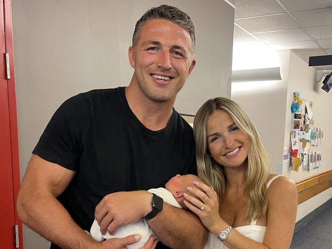 Sam Burgess with fiancée Lucy Graham and newborn Robbie.