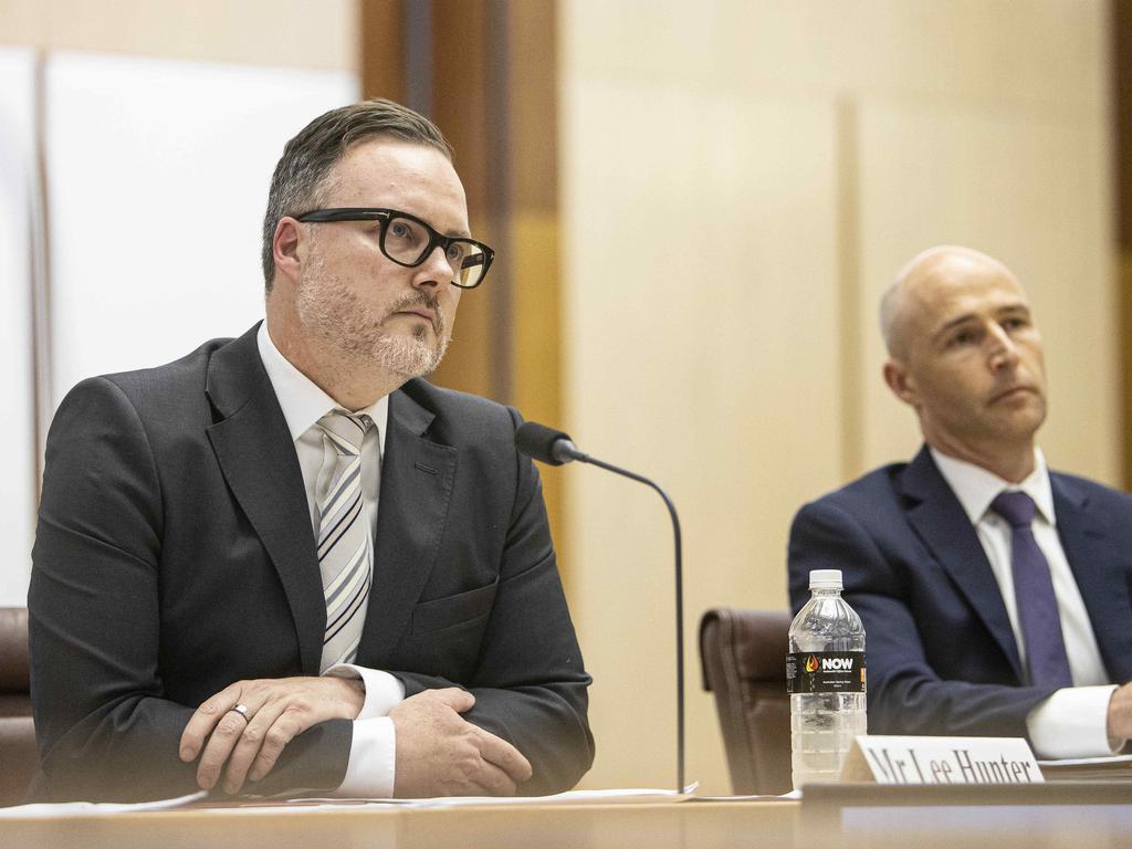 TikTok Australia general manager Lee Hunter with public policy director Brent Thomas at the hearing in Canberra. ‘TikTok is not China,’ Mr Hunter told the inquiry. Picture: NCA NewsWire / Gary Ramage