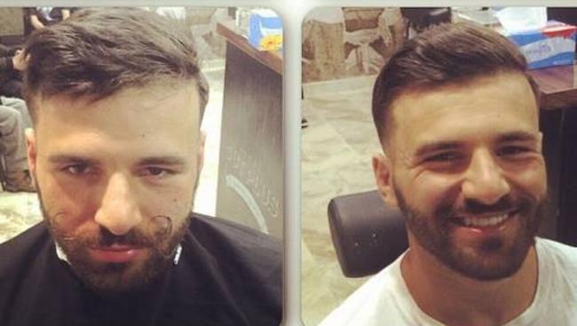 Josh Mansour shaves his beard.