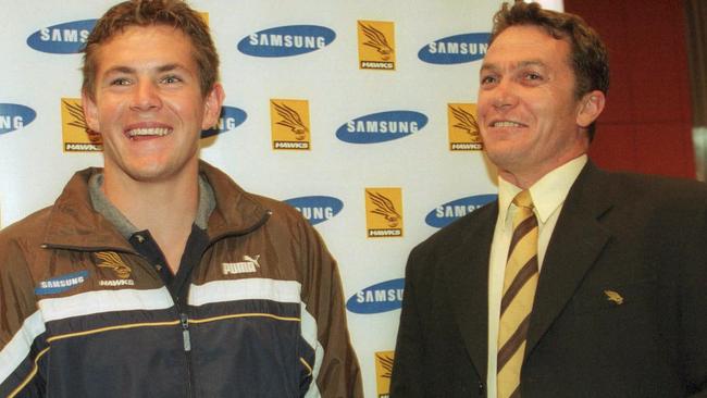 Luke Hodge with then Hawthorn coach Peter Schwab after being drafted to Hawthorn in 2001.