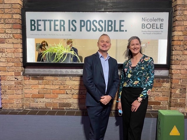 Nicolette Boele has rebranded herself as the Shadow Representative for Bradfield. Picture with Simon Holmes a Court. Picture: Supplied