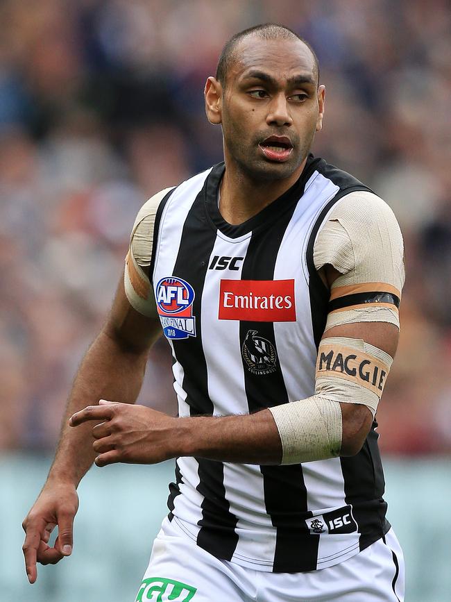 At the 2018 AFL Grand Final, Collingwood player Travis Varcoe had his sister’s name strapped on his arm. Picture: Mark Stewart