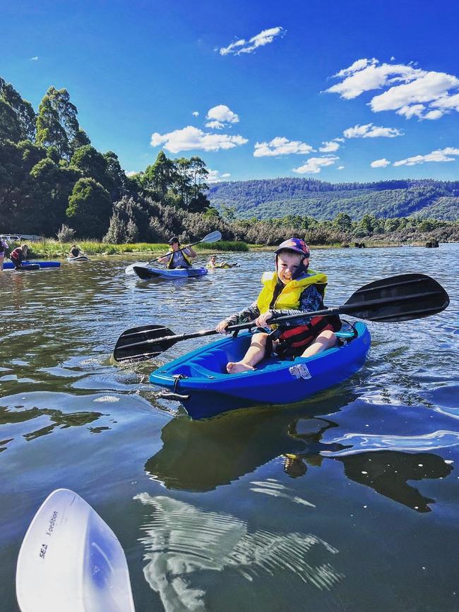 Patrick Murrell, 6, kayaking at Wayatinah. Picture: Natalie Murrell @gone_caravanning_tas