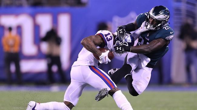 Odell Beckham of the New York Giants stiff arms Malcolm Jenkins #27 of the Philadelphia Eagles. Picture: Getty Images