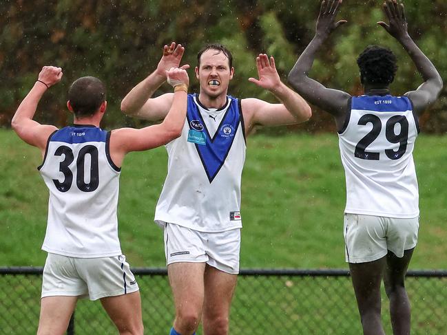 Old Melburnians v University Blues at Elsternwick Park Oval, Brighton, Melbourne, April 15th 2023.  University Blues Ayce Cordy celebrates his goal.Picture : George Sal