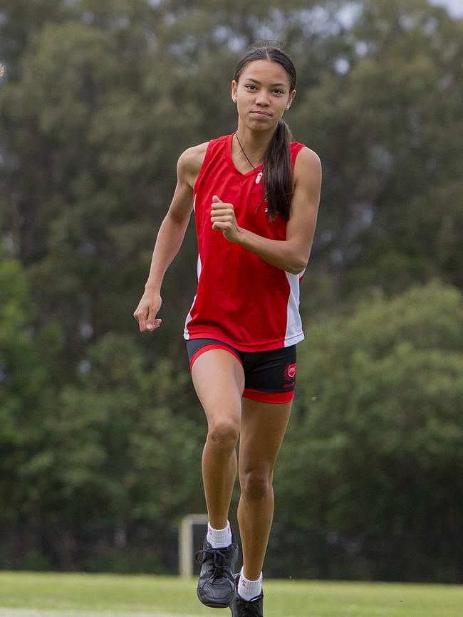 Flashback: Palm Beach Currumbin High’s Thewbelle Philp in 2021 at her school. Picture: Jerad Williams