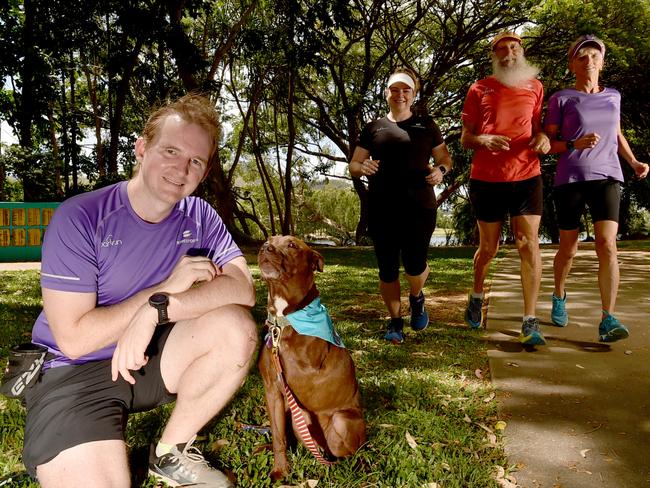 Pat Peacock with Chilli (front) with Nicole Boon and Ross and Jenni Johnston are set for the first post COVID-19 Parkrun. Picture: Evan Morgan