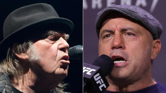 Singer Neil Young, left, demanded in an open letter to Spotify to remove his music from the platform he said is spreading vaccine disinformation via the popular podcaster Joe Rogan, right. Pictures: Alice Chiche/Carmen Mandato/AFP)