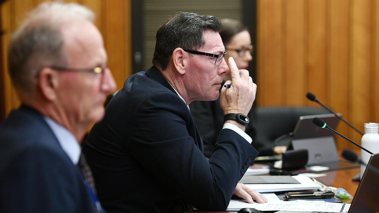 Townsville City Council’s interim CEO Joe McCabe and Mayor Troy Thompson at the council meeting. Picture: Shae Beplate.