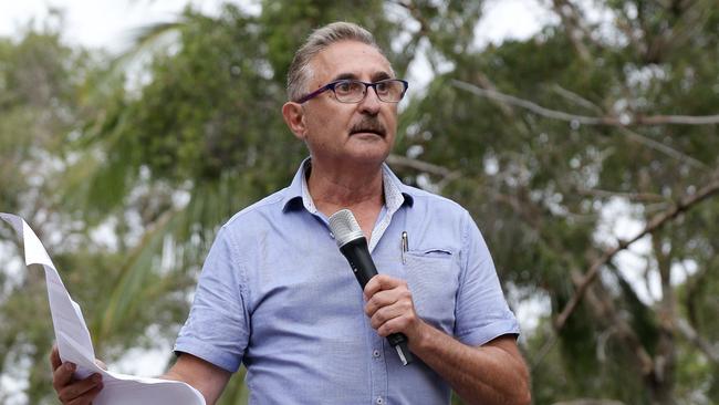 Protesters gather in Carey Park. Eddy Sarroff speaks. Picture: Tertius Pickard.