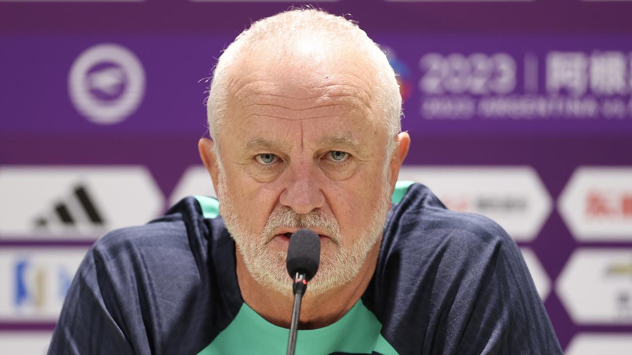 BEIJING, CHINA - JUNE 14: Head Coach of Australia Graham Arnold speaks to the media during a press conference ahead of 2023 International Football Invitation match between Argentina and Australia at Workers Stadium on June 14, 2023 in Beijing, China. (Photo by Lintao Zhang/Getty Images)