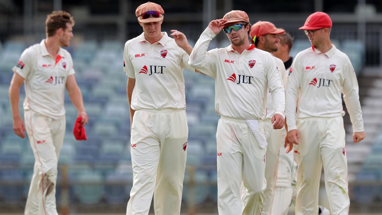 South Australian players leave the field after losing on day 3 of the Round 8 Sheffield Shield match against Western Australia. Picture: AAP