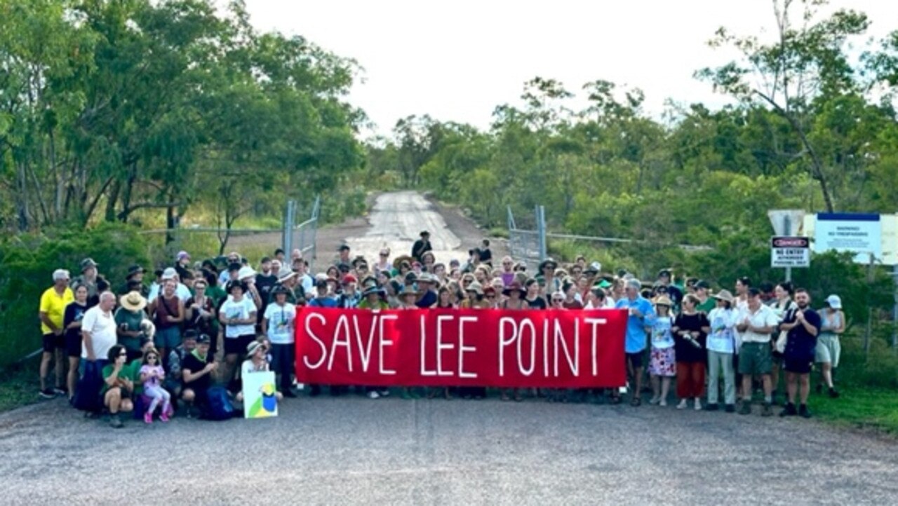 Save Lee Point protesters gathered at the Defence Housing Australia site on Sunday March 31.