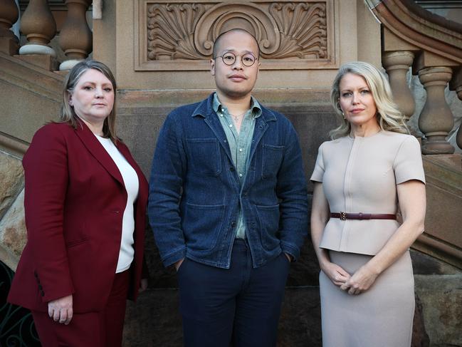 28/6/24: Lawyers, Caoilfhionn Gallagher (left) and Jennifer Robinson with Sebastien Lai, son of imprisoned pro-democracy activist and HK media mogul, Jimmy Lai at the Intercontinental Hotel, Sydney. John Feder/The Australian.