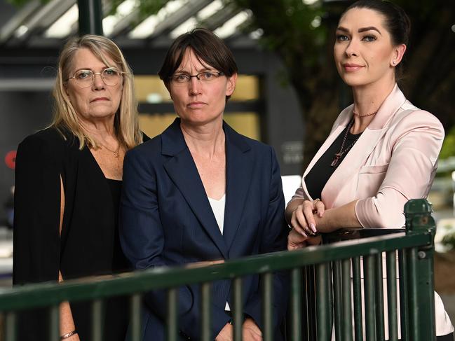 Forensic scientist, Kirsty Wright (c) with L-R Vicki Blackburn and Shannah Blackburn - mother and sister of Shandee. Picture: Lyndon Mechielsen/The Australian