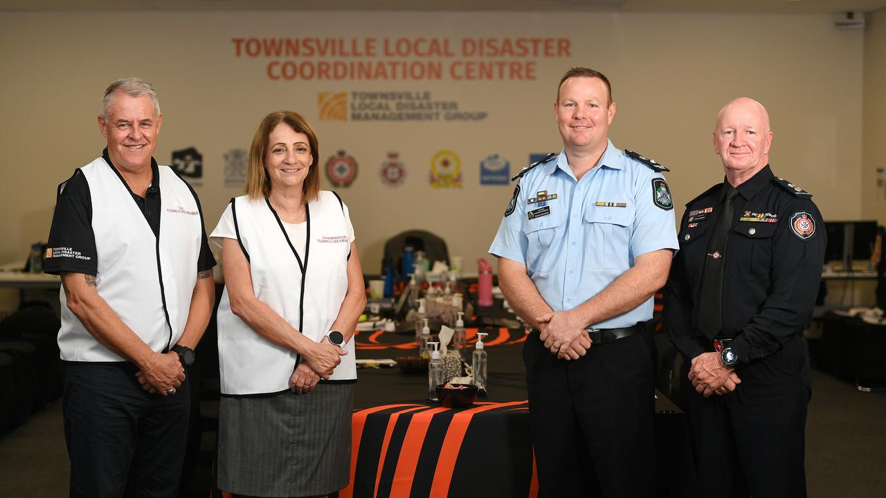 The 2023 TLDMG team: Manager Wayne Preedy, chair Jenny Hill, Acting Superintendent Townsville Police Dean Cavanagh, and Superintendent QFES Kevin Anderson at The Local Disaster Coordination Centre. Picture: Shae Beplate.