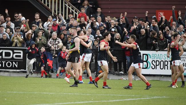 Mt Eliza players celebrate the win as the siren sounds. Picture: Andrew Batsch