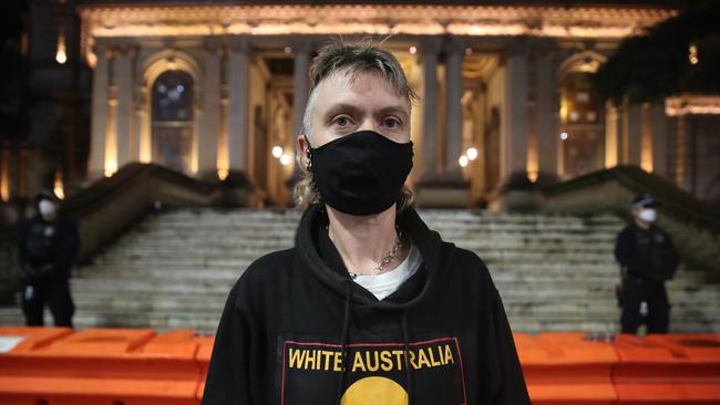 Protester Rachel Evans, from the Socialist Alliance and indigenous Social Justice Association, outside Town Hall tonight. Picture: David Swift