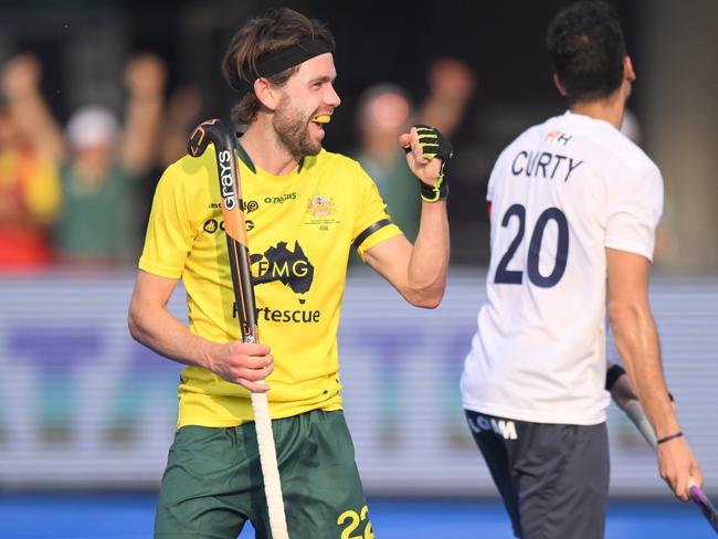 A Flynn Ogilvie celebration is a welcome sight for Kookaburras fans. Picture: WorldSportPics