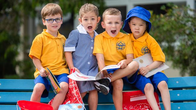 Bradly, Quinn, Luca and William, all 5, with their free bag of books as they start the year at Avondale Primary School. Picture: Jason Edwards