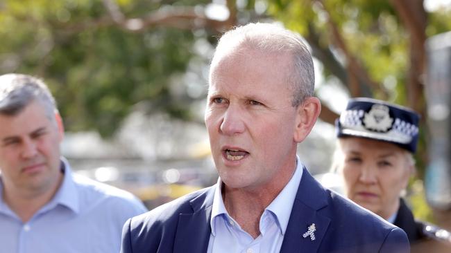 Police Union President Ian Leavers, centre, with Police Minister Mark Ryan left and Police Commissioner Katarina Carroll, right. Picture: Steve Pohlner