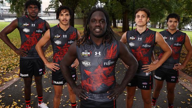 Essendon’s indigenous players Anthony Munkara, Alwyn Davey jnr, Anthony McDonald-Tipungwuti, Tex Wanganeen and Jayden Davey of the Bombers before Dreamtime at the G. Picture: Michael Klein.