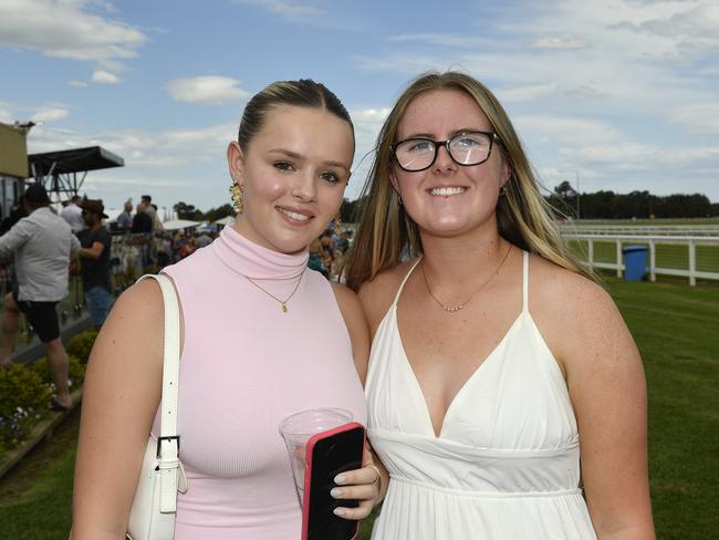 Ladbrokes Sale Cup. Racegoers are pictured attending Cup Day horse races at Sale Turf Club, Sunday 27th October 2024. Leah Roberts and Charlotte Board. Picture: Andrew Batsch